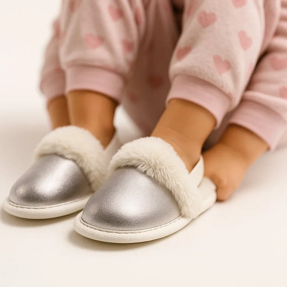 Cat & Jack Scuff Slipper Faux Fur Trim Silver Metallic W/Heel Strap Sz L 9/10